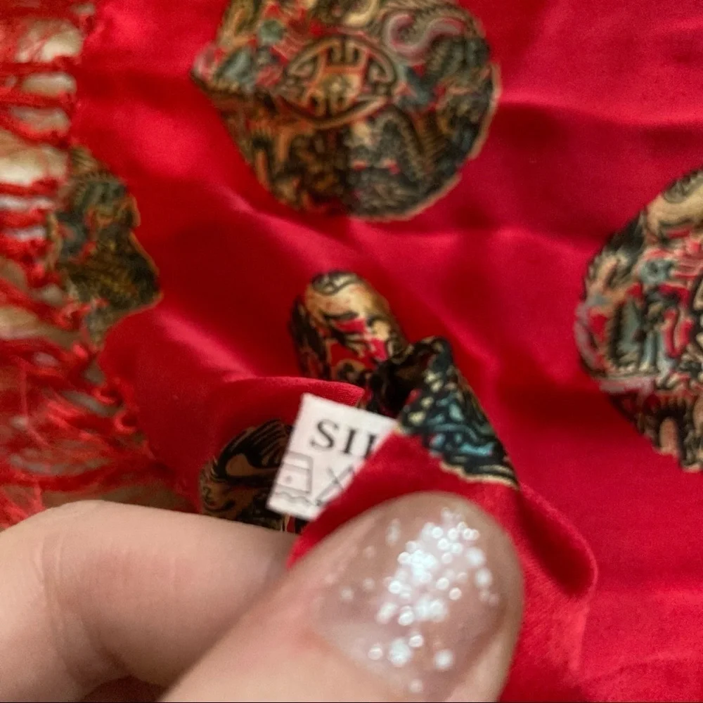 100% silk red fringed scarf